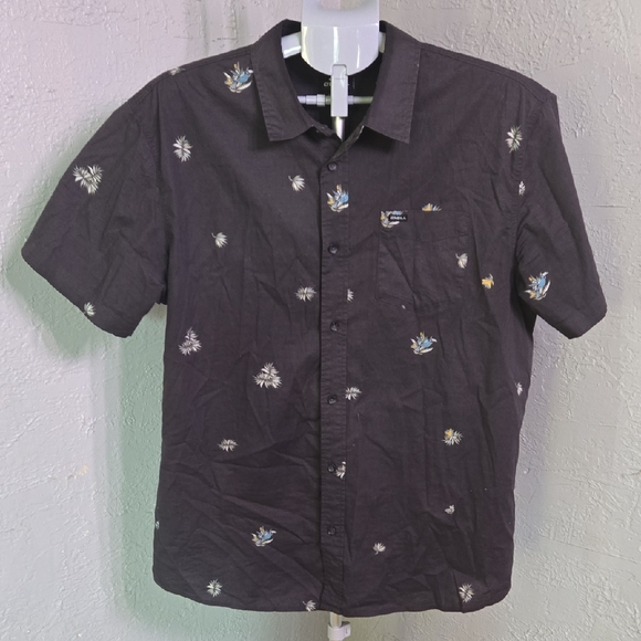 O'Neill Black Casual Button Down Shirt with Subtle Bird Print - Picture 1 of 10